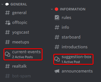 Two categories of Discord channels: General and Information. The General list contains 7 channels: general, offtopic, yogscast, meetup, current-events, realtalk and bot-spam. The Information category contains: rules, info, starboard, introductions, suggestion-box, announcements.